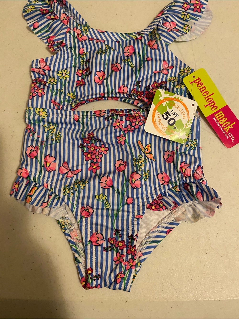 Penelope Mack Blue & Pink Floral Stripe Girls One-Piece Swimsuit